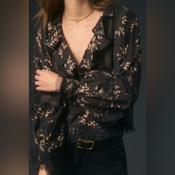 By Anthropologie Ruffled V-Neck Popover Blouse - Picture 3 of 3